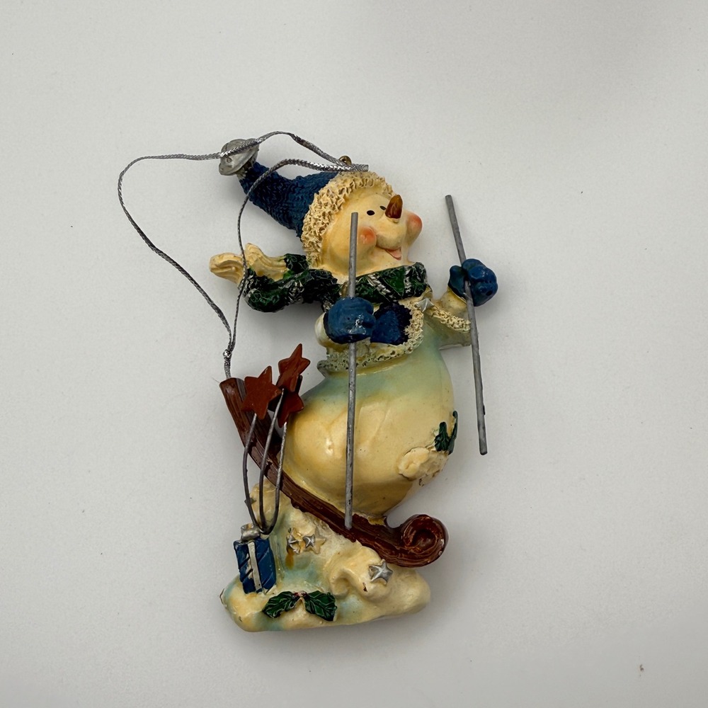 Vintage Snowman Skier Christmas Ornament Resin Winter Holiday Decor Skis Hat
